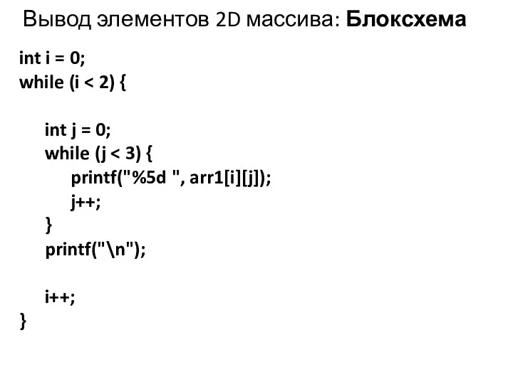 Вывод элементов 2D массива: Блоксхема int i = 0; while (i