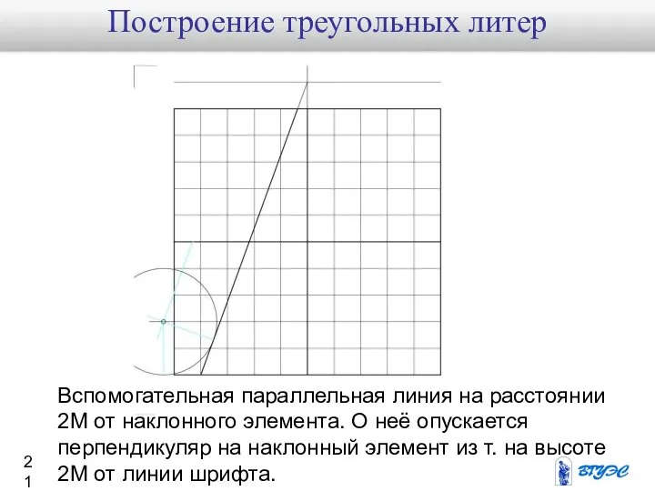 Вспомогательная параллельная линия на расстоянии 2М от наклонного элемента. О неё