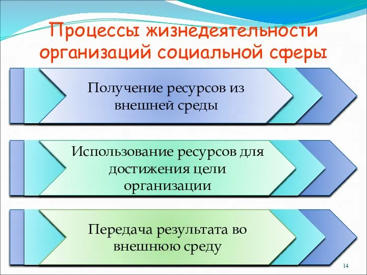 Процессы жизнедеятельности организаций социальной сферы Получение ресурсов из внешней среды Использование