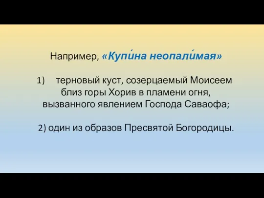 Например, «Купи́на неопали́мая» терновый куст, созерцаемый Моисеем близ горы Хорив в