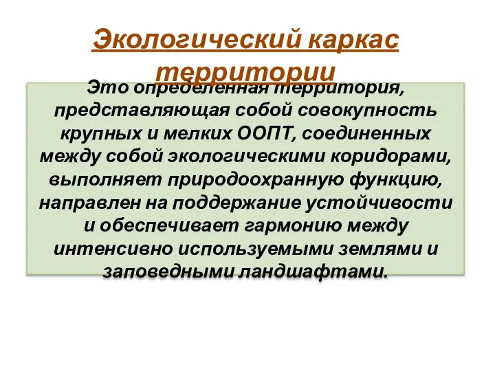 Это определенная территория, представляющая собой совокупность крупных и мелких ООПТ, соединенных