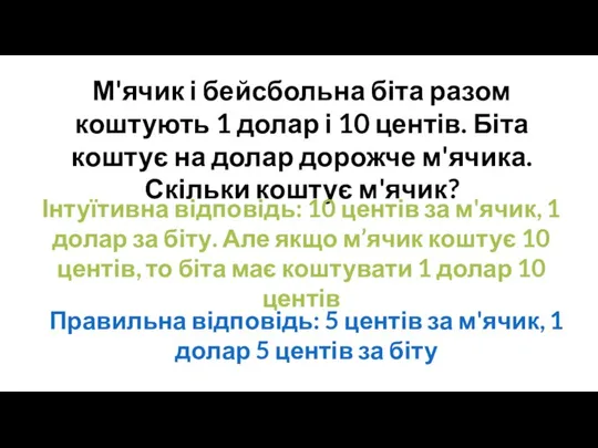 М'ячик і бейсбольна біта разом коштують 1 долар і 10 центів.