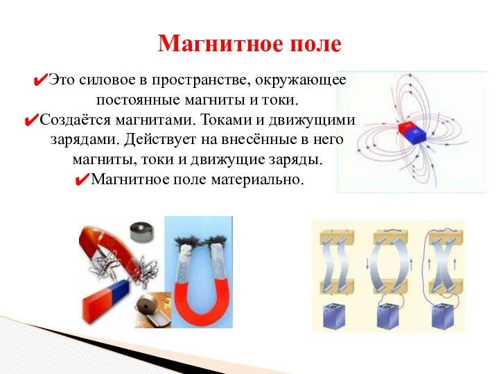 Магнитное поле Это силовое в пространстве, окружающее постоянные магниты и токи.