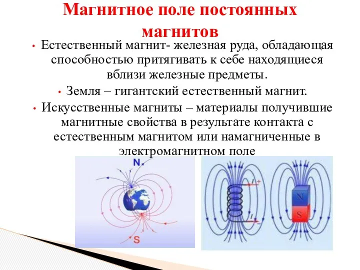 Магнитное поле постоянных магнитов Естественный магнит- железная руда, обладающая способностью притягивать