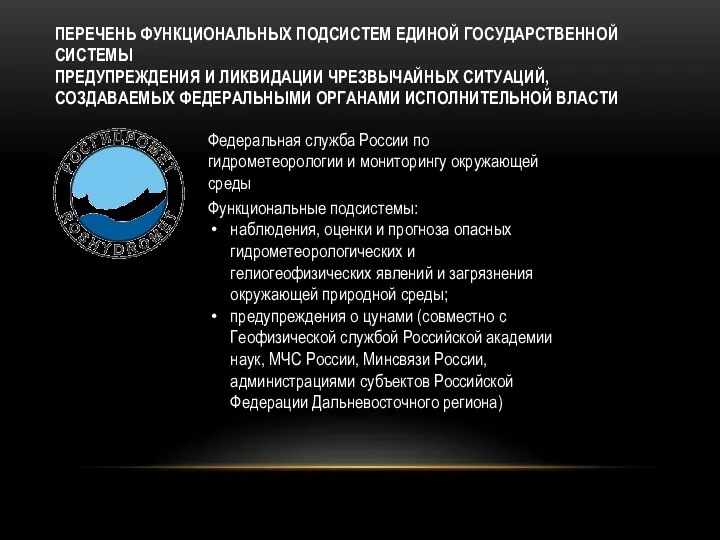 ПЕРЕЧЕНЬ ФУНКЦИОНАЛЬНЫХ ПОДСИСТЕМ ЕДИНОЙ ГОСУДАРСТВЕННОЙ СИСТЕМЫ ПРЕДУПРЕЖДЕНИЯ И ЛИКВИДАЦИИ ЧРЕЗВЫЧАЙНЫХ СИТУАЦИЙ,