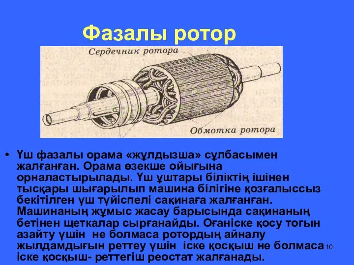 Фазалы ротор Сердечник Обмотка Үш фазалы орама «жұлдызша» сұлбасымен жалғанған. Орама