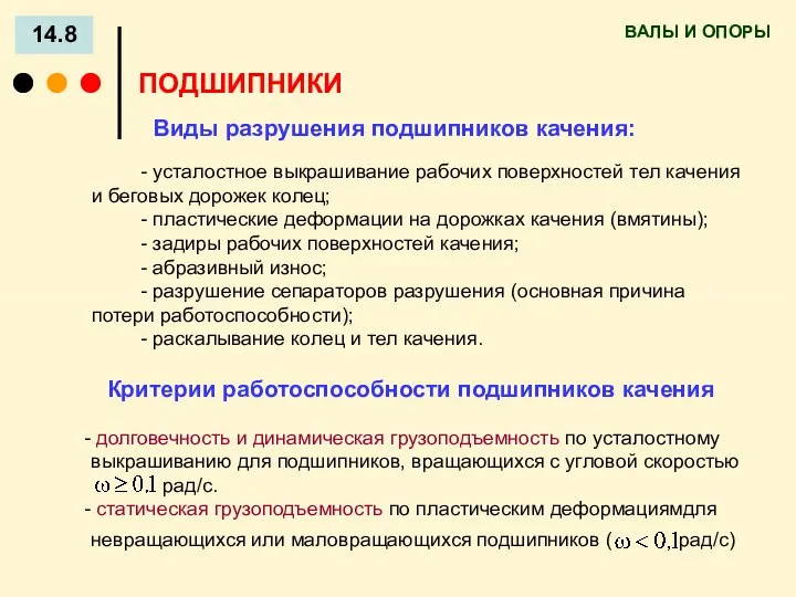 ВАЛЫ И ОПОРЫ 14.8 ПОДШИПНИКИ Виды разрушения подшипников качения: - усталостное