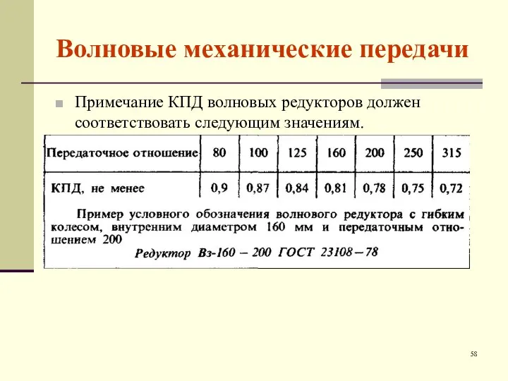 Волновые механические передачи Примечание КПД волновых редукторов должен соответствовать следующим значениям.