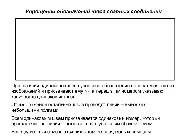 Упрощения обозначений швов сварных соединений При наличии одинаковых швов условное обозначение