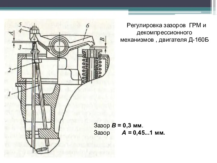 Регулировка зазоров ГРМ и декомпрессионного механизмов , двигателя Д-160Б Зазор В