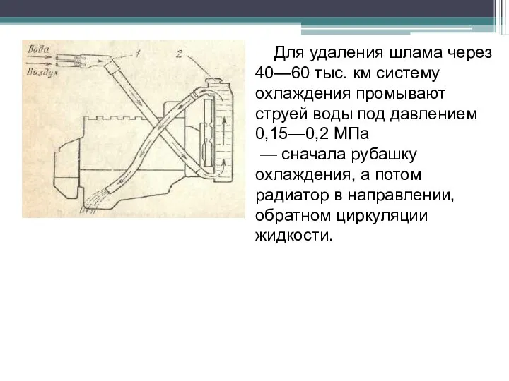 Для удаления шлама через 40—60 тыс. км систему охлаждения промывают струей