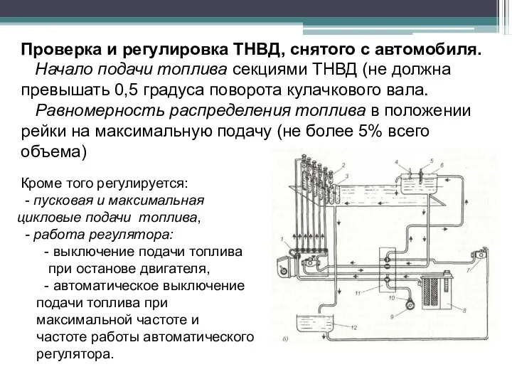 Проверка и регулировка ТНВД, снятого с автомобиля. Начало подачи топлива секциями