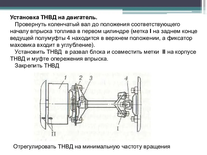 Установка ТНВД на двигатель. Провернуть коленчатый вал до положения соответствующего началу