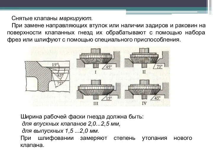 Снятые клапаны маркируют. При замене направляющих втулок или наличии задиров и