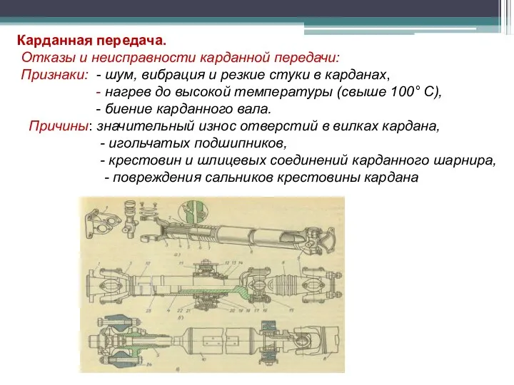 Карданная передача. Отказы и неисправности карданной передачи: Признаки: - шум, вибрация