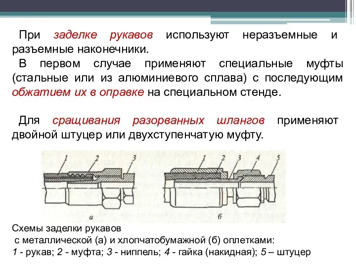 При заделке рукавов используют неразъемные и разъемные наконечники. В первом случае