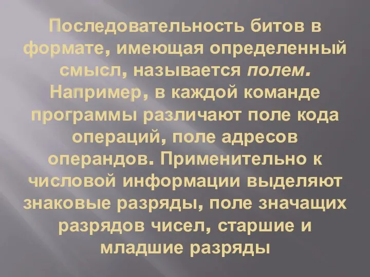 Последовательность битов в формате, имеющая определенный смысл, называется полем. Например, в