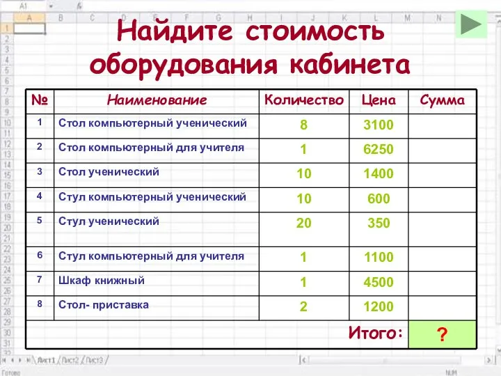 Найдите стоимость оборудования кабинета