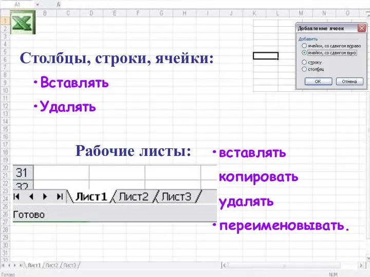 Столбцы, строки, ячейки: Вставлять Удалять Рабочие листы: вставлять копировать удалять переименовывать.