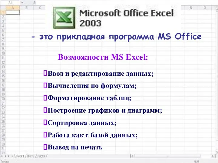 - это прикладная программа MS Office Возможности MS Excel: Ввод и
