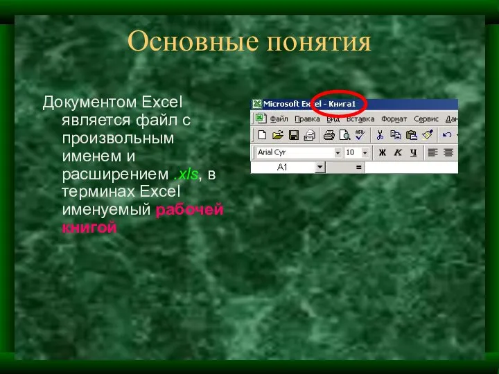 Основные понятия Документом Excel является файл с произвольным именем и расширением