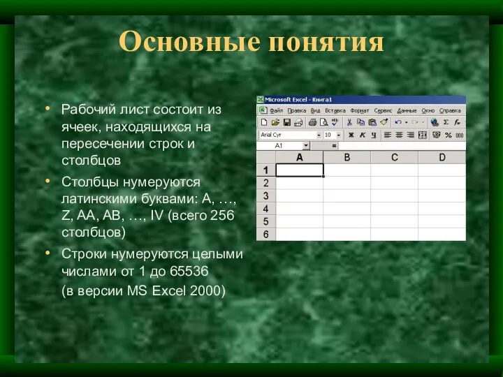 Основные понятия Рабочий лист состоит из ячеек, находящихся на пересечении строк