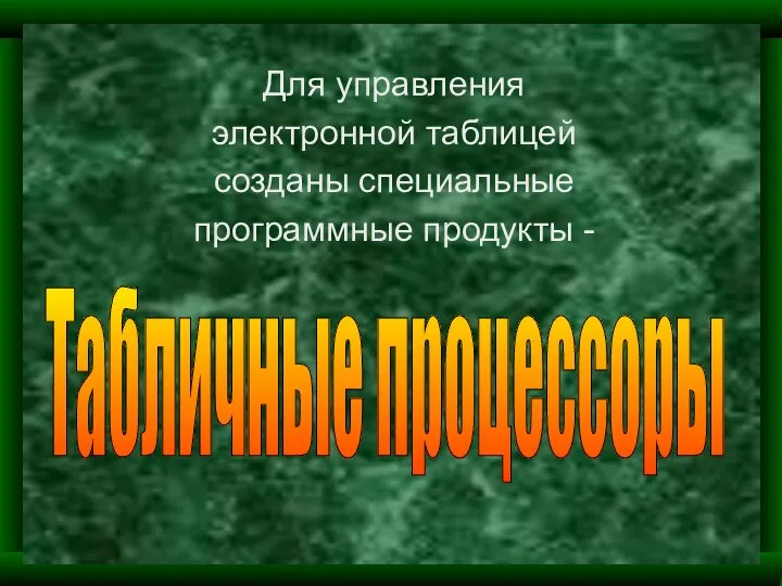 Для управления электронной таблицей созданы специальные программные продукты - Табличные процессоры