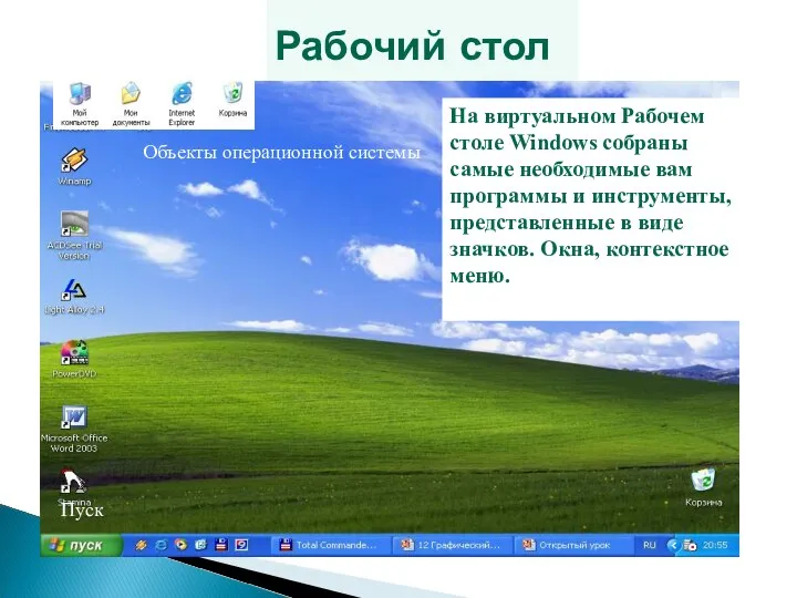 Рабочий стол Объекты операционной системы Пуск На виртуальном Рабочем столе Windows