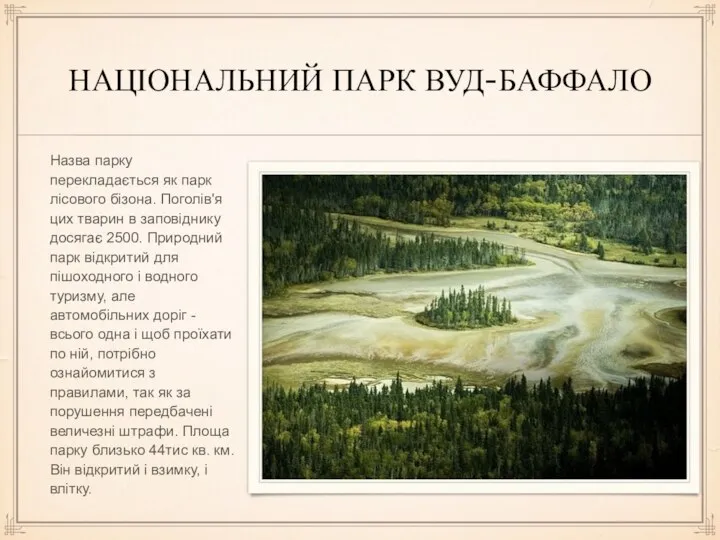 НАЦІОНАЛЬНИЙ ПАРК ВУД-БАФФАЛО Назва парку перекладається як парк лісового бізона. Поголів'я