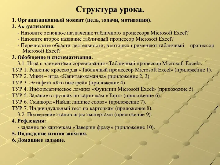 Структура урока. 1. Организационный момент (цель, задачи, мотивация). 2. Актуализация. -