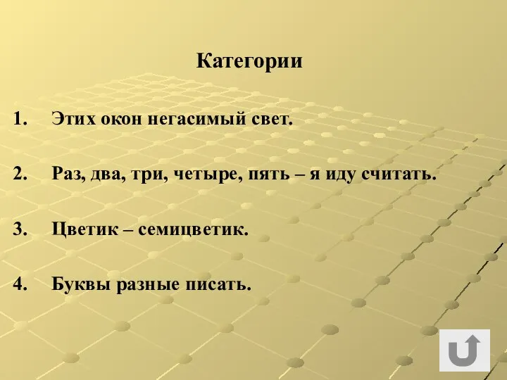 Категории Этих окон негасимый свет. Раз, два, три, четыре, пять –