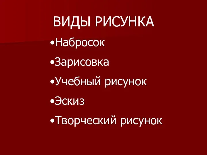 ВИДЫ РИСУНКА Набросок Зарисовка Учебный рисунок Эскиз Творческий рисунок