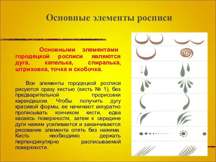 Основные элементы росписи Основными элементами городецкой росписи являются дуга, капелька, спиралька,