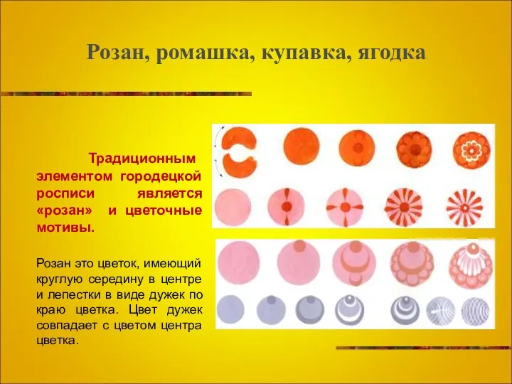 Розан, ромашка, купавка, ягодка Традиционным элементом городецкой росписи является «розан» и