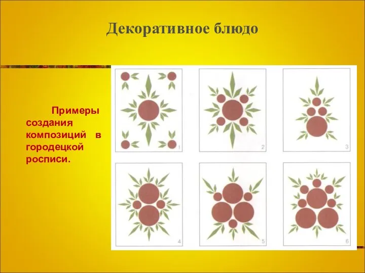 Декоративное блюдо Примеры создания композиций в городецкой росписи.