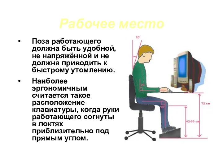 Рабочее место Поза работающего должна быть удобной, не напряжённой и не