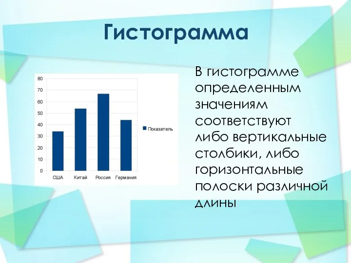 Гистограмма В гистограмме определенным значениям соответствуют либо вертикальные столбики, либо горизонтальные полоски различной длины