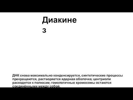 ДНК снова максимально конденсируется, синтетические процессы прекращаются, растворяется ядерная оболочка; центриоли