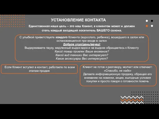 УСТАНОВЛЕНИЕ КОНТАКТА Единственная наша цель – это наш Клиент, а клиентом