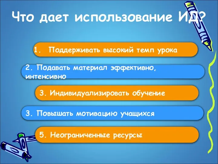 Что дает использование ИД? Поддерживать высокий темп урока 3. Повышать мотивацию