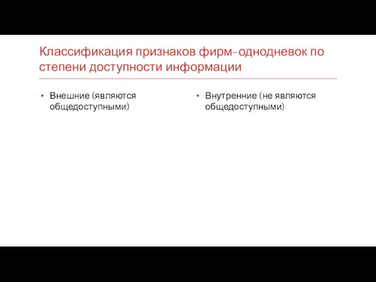 Внутренние (не являются общедоступными) Классификация признаков фирм-однодневок по степени доступности информации Внешние (являются общедоступными)