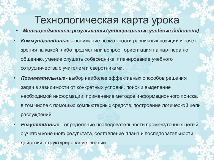 Технологическая карта урока Метапредметные результаты (универсальные учебные действия) Коммуникативные - понимание