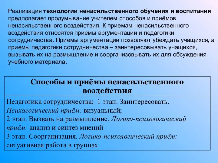 Реализация технологии ненасильственного обучения и воспитания предполагает продумывание учителем способов и