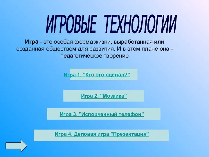 ИГРОВЫЕ ТЕХНОЛОГИИ Игра - это особая форма жизни, выработанная или созданная