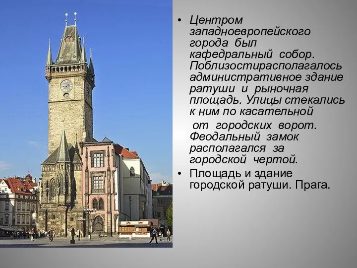 Центром западноевропейского города был кафедральный собор. Поблизостирасполагалось административное зданиератуши и рыночная