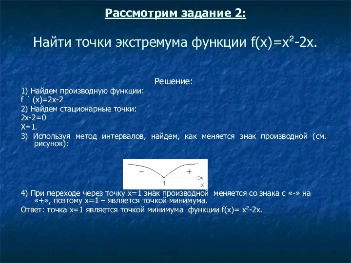 Рассмотрим задание 2: Найти точки экстремума функции f(x)=х²-2x. Решение: 1) Найдем