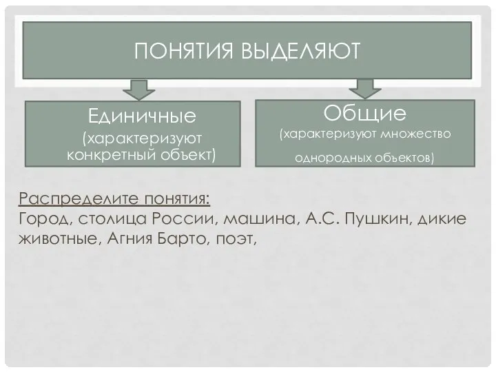 ПОНЯТИЯ ВЫДЕЛЯЮТ Единичные (характеризуют конкретный объект) Общие (характеризуют множество однородных объектов)