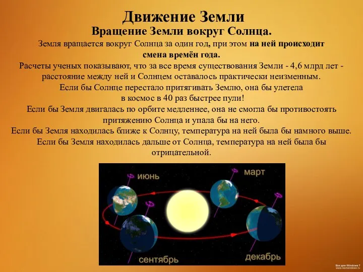 Вращение Земли вокруг Солнца. Земля вращается вокруг Солнца за один год,