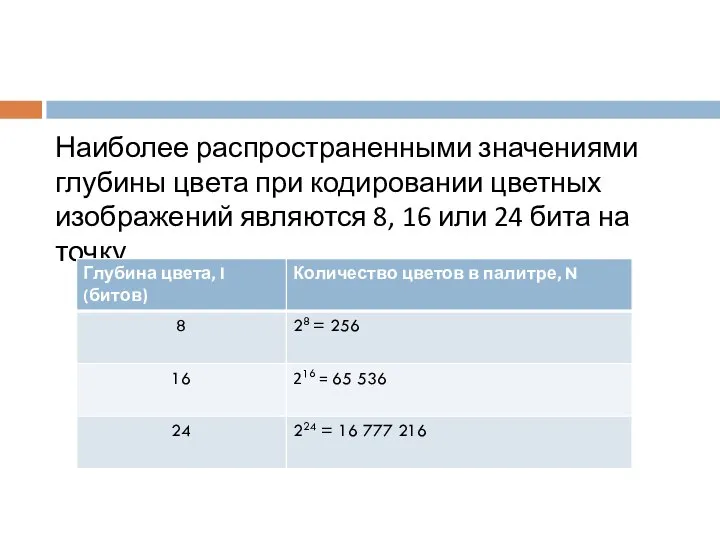 Наиболее распространенными значениями глубины цвета при кодировании цветных изображений являются 8,