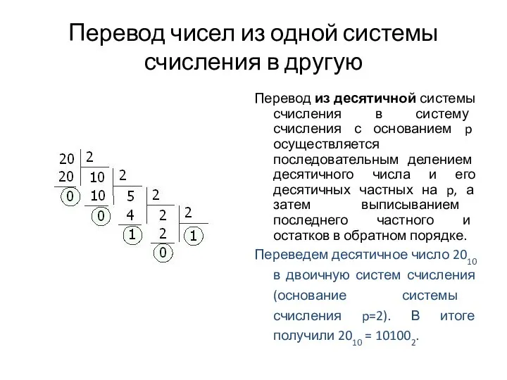 Перевод чисел из одной системы счисления в другую Перевод из десятичной